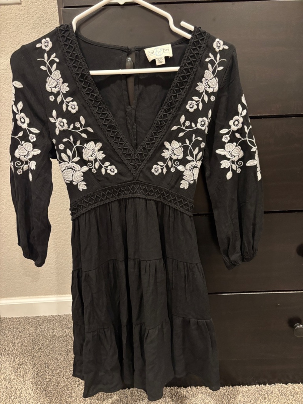 Black Embroidered V-Neck Boho Dress